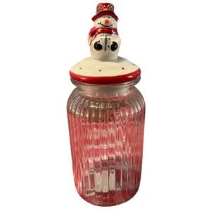 NEW Winter Christmas Snowman Glass Canister Jar w/ Lid 42.3 Fl Oz / 1.25 Liters